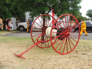 We often have items loaned from the museum for events and displays. Hose reel in December 2012 being used in the fire brigade 150th display