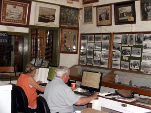 Research area, where documents are being transcribed or brought up to assist visitors.